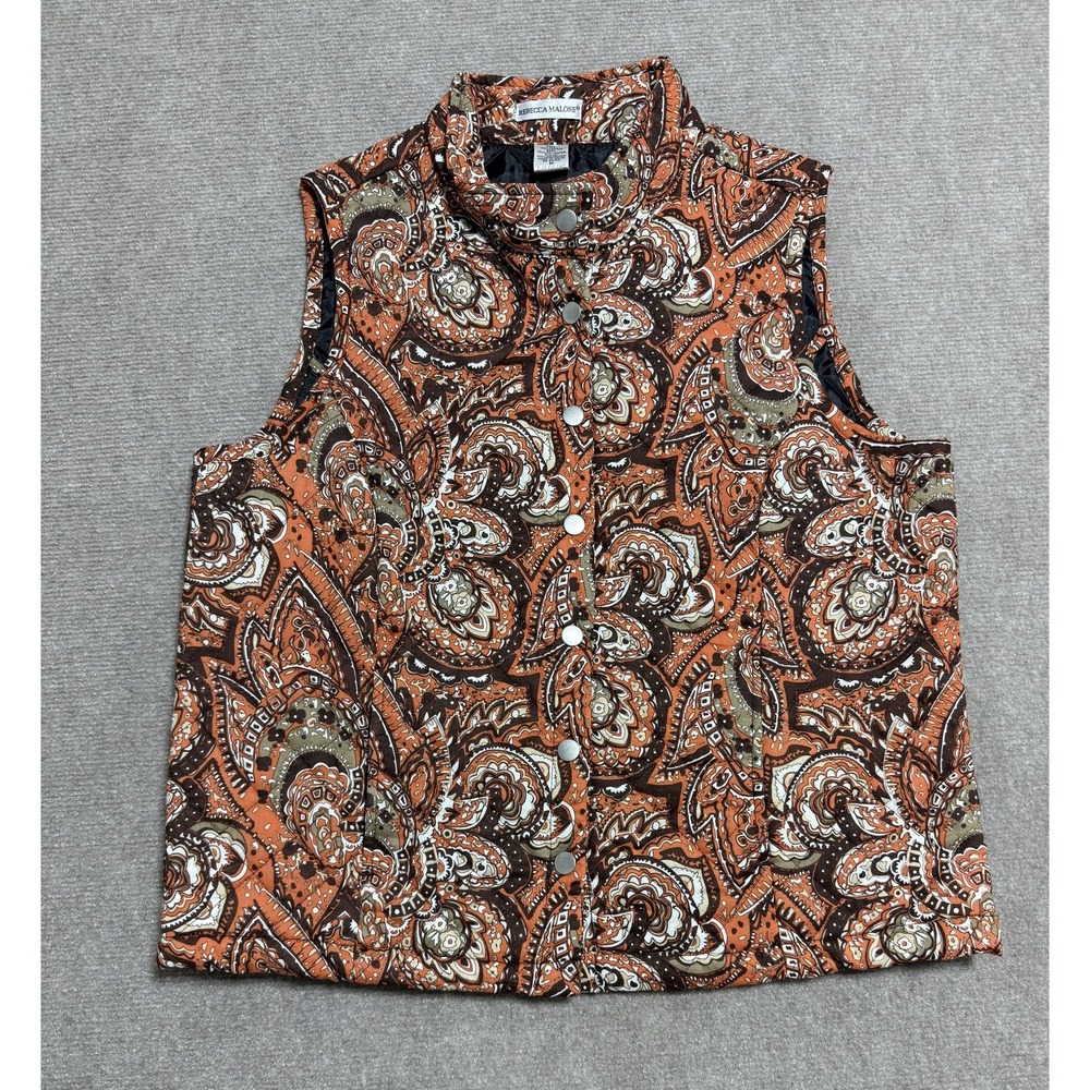 Rebecca Malone Vest Womens Medium Paisley Quilted Button Up Sleeveless